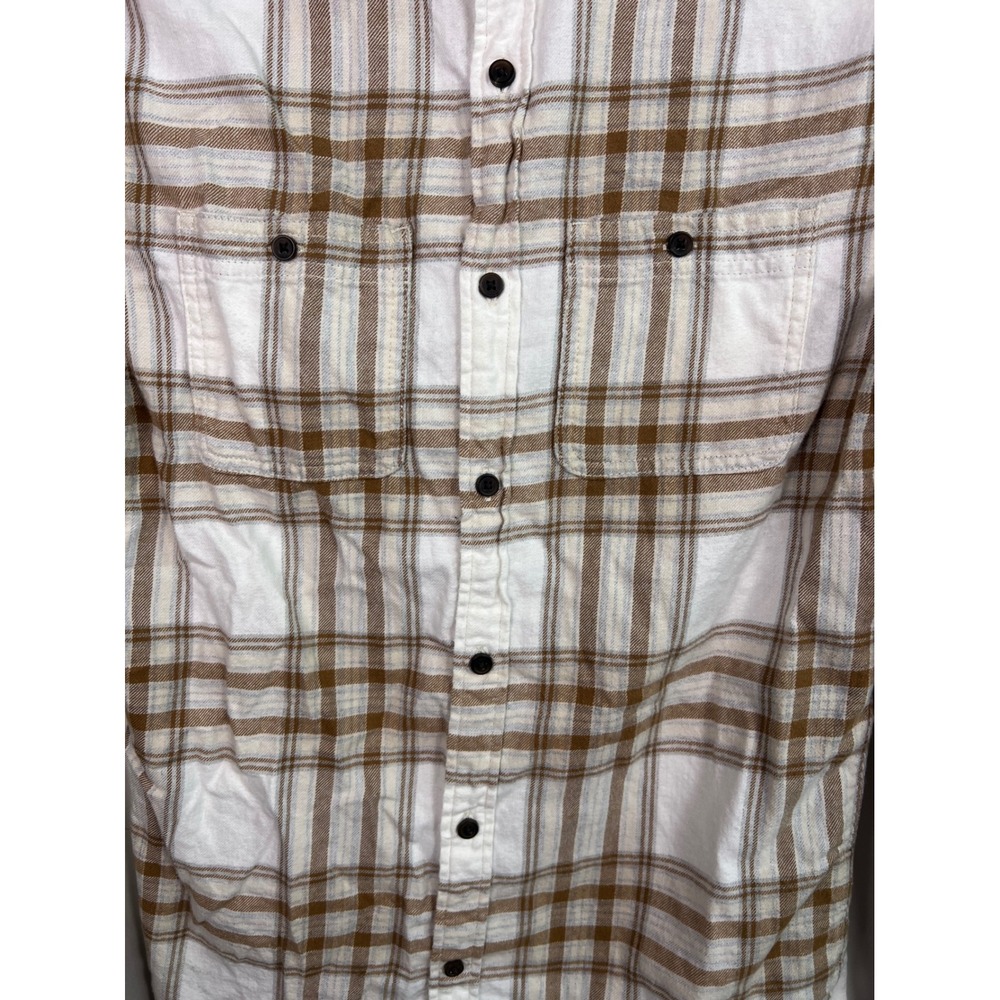 Mutual Weave Plaid Flannel Shirt White Brown Long Sleeve Button Up Size Small - Picture 3 of 9